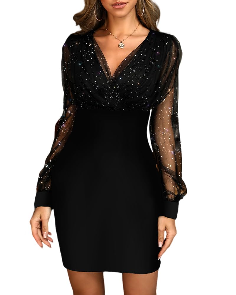 Dayoo_love509 Women's Glitter Party Dress V-Neck Mesh Sheer Lantern Sleeve Mini Dresses (Copy)