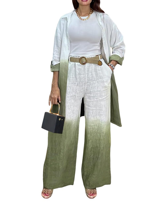 Alenay92 Women's 2 Piece Outfits Ombre Print Long Sleeve Blouse Casual High Waist Wide Leg Pants Set