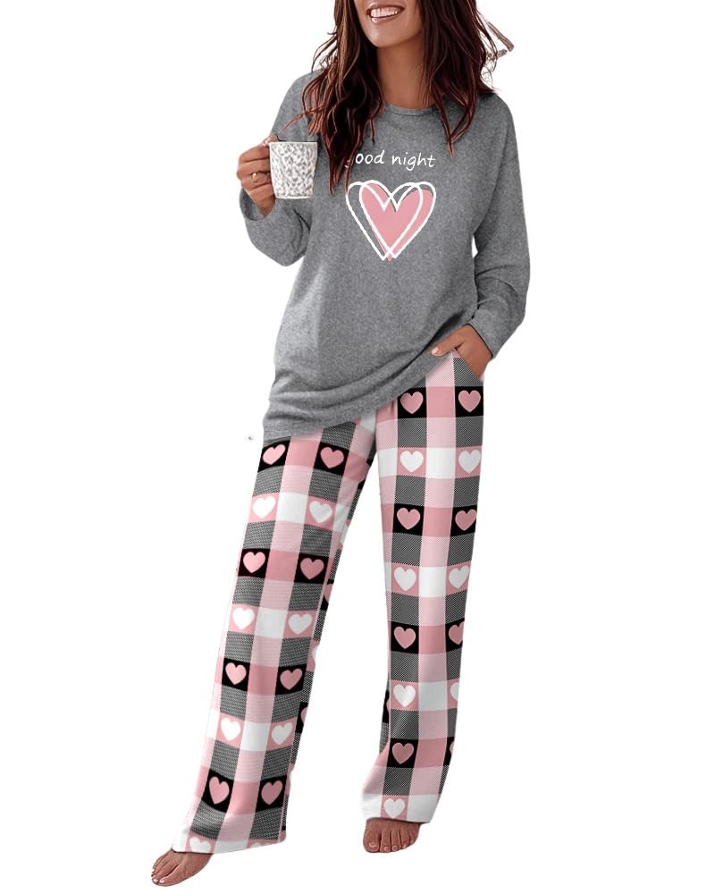 CHICME Womens Pajamas Sets 2 Piece Long Sleeve Lounge Set Printed Loose Pants Pj Sets Loungewear Set Heart