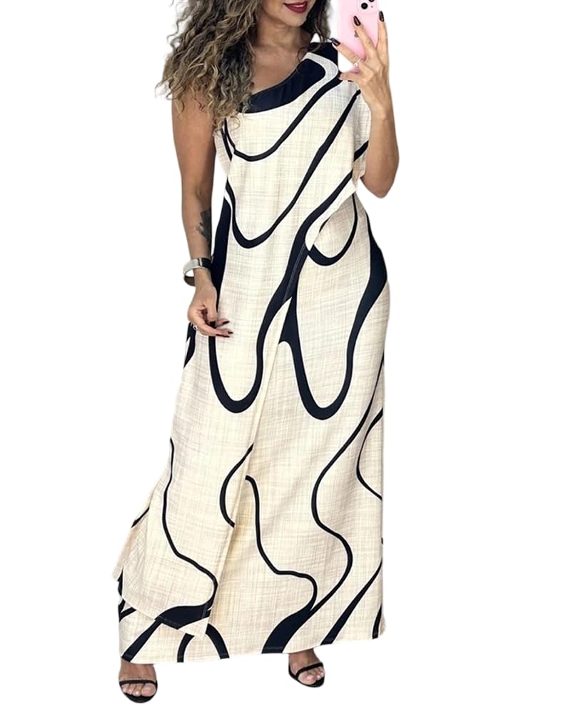 CHICME Abstract Print One Shoulder 2026 Bodycon Maxi Dress for Women High Stretch Faux Two Piece Side Slit Casual Chic Summer Long Dress