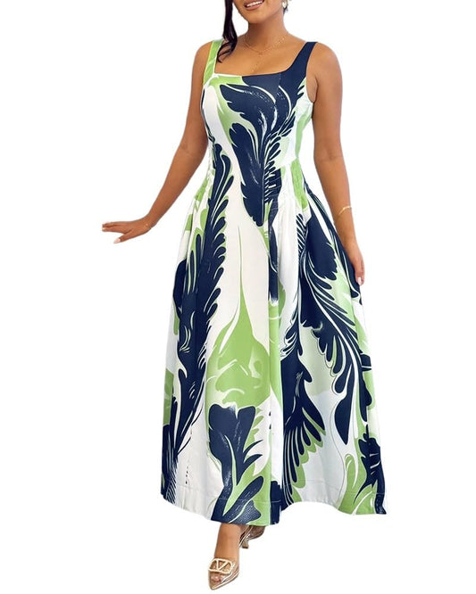 CHCIME Women's Summer Floral Boho Dress Square Neck Spaghetti Strap Flowy A Line Sundress Beach Vacation Midi Dresses with Pockets