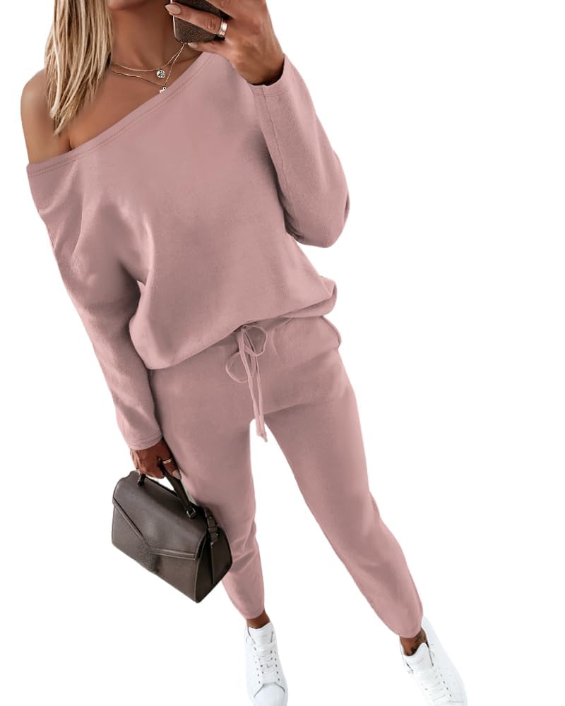 CHICME Women's Long Sleeve Off The Shoulder Pullover Tops and Pants Matching Set Tracksuit Travel Outfits