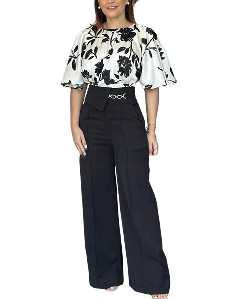 CHICME Women¡¯s Summer 2 pc Sets Satin Floral Blouse with Bell Sleeves High Waist Wide Leg Pants Two-Piece Outfit for Business Casual, Office, Daily, Lounge Wear