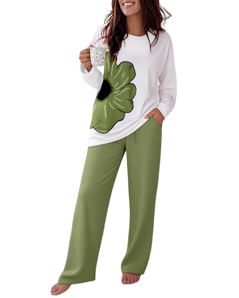 CHICME Womens Pajamas Sets 2 Piece Floral Pattern Long Sleeve Lounge Set Loose Pants Pj Sets Loungewear Tracksuits with Pockets Floral