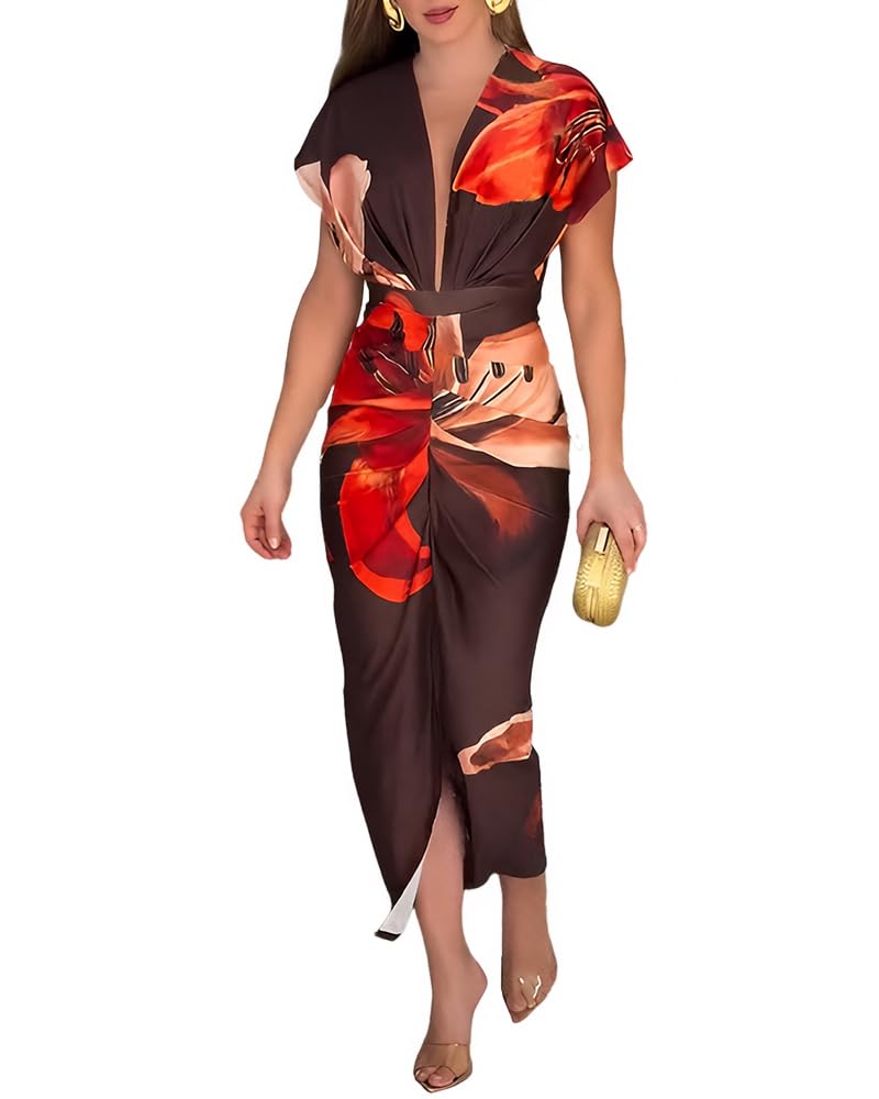 CHICME Summer Dresses for Women Floral Print Plunge V Neck Midi Dress Casual Ruched Slit Bodycon Party Dress