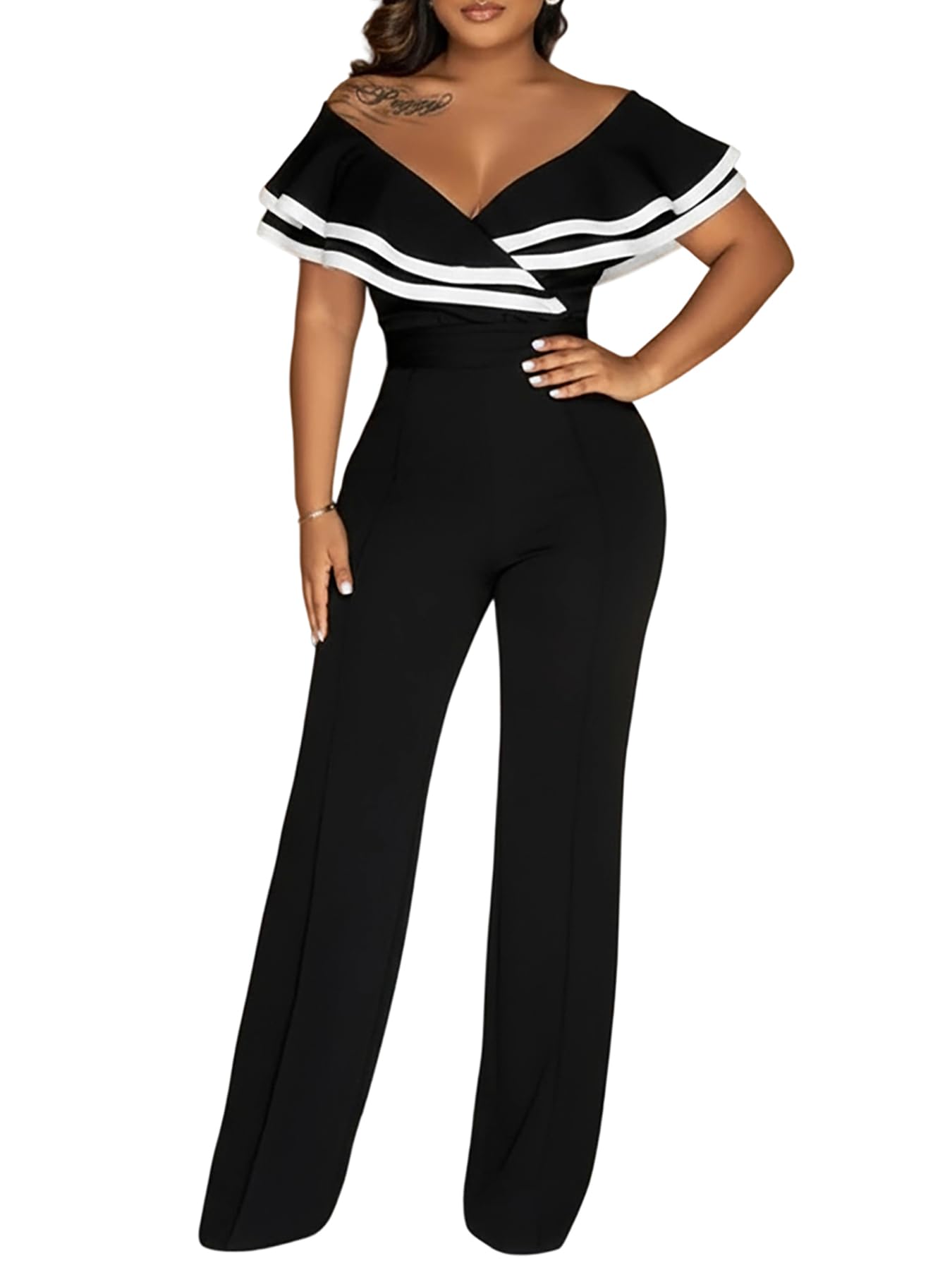 CHICME Women's Sexy Off Shoulder Jumpsuits V Neck Ruffle Wide Leg Cocktail Evening One Piece Jumpsuits