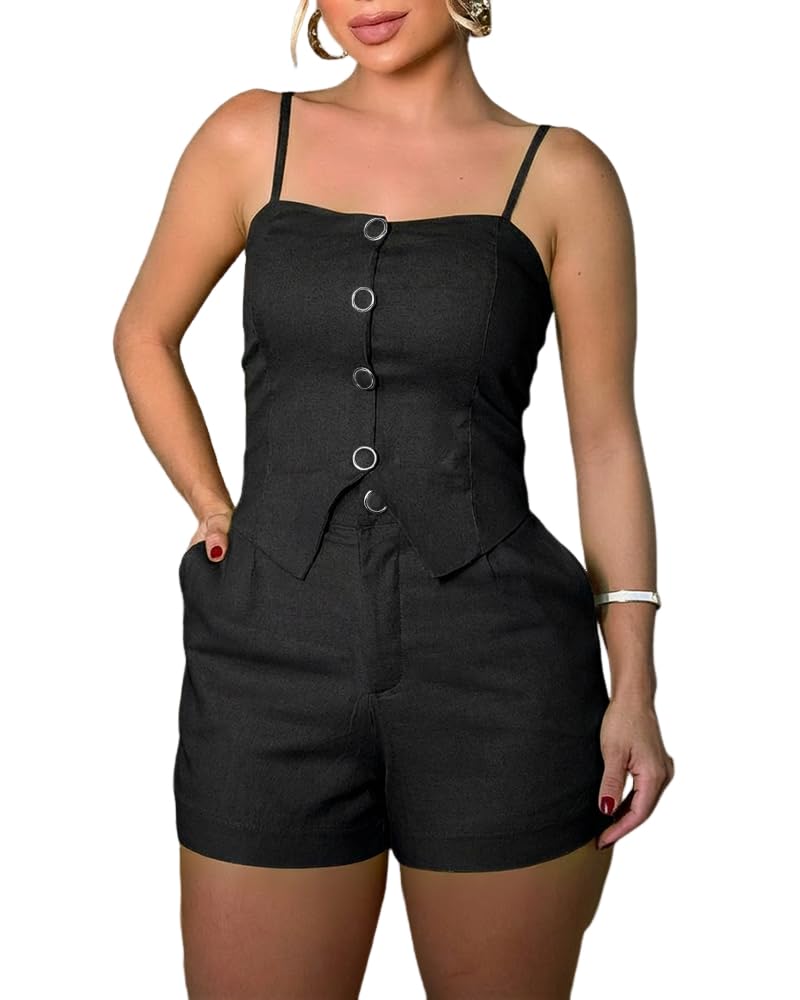 CHICME Women¡¯s Beach Vacation 2 Piece Outfits Adjustable Spaghetti Straps Button Top and Casual Zipper Shorts Set Black-L
