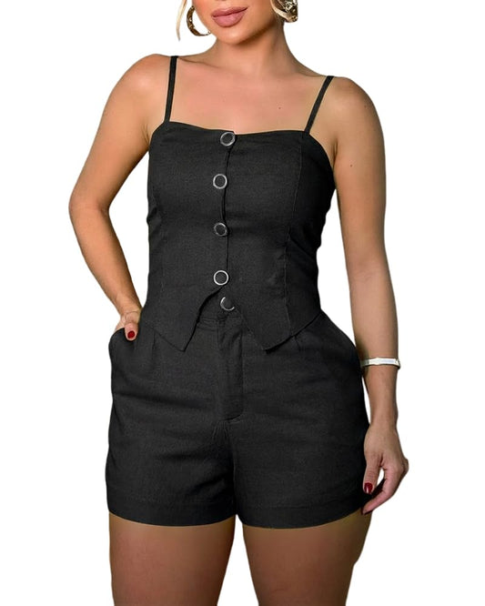 CHICME Women¡¯s Beach Vacation 2 Piece Outfits Adjustable Spaghetti Straps Button Top and Casual Zipper Shorts Set Black-L