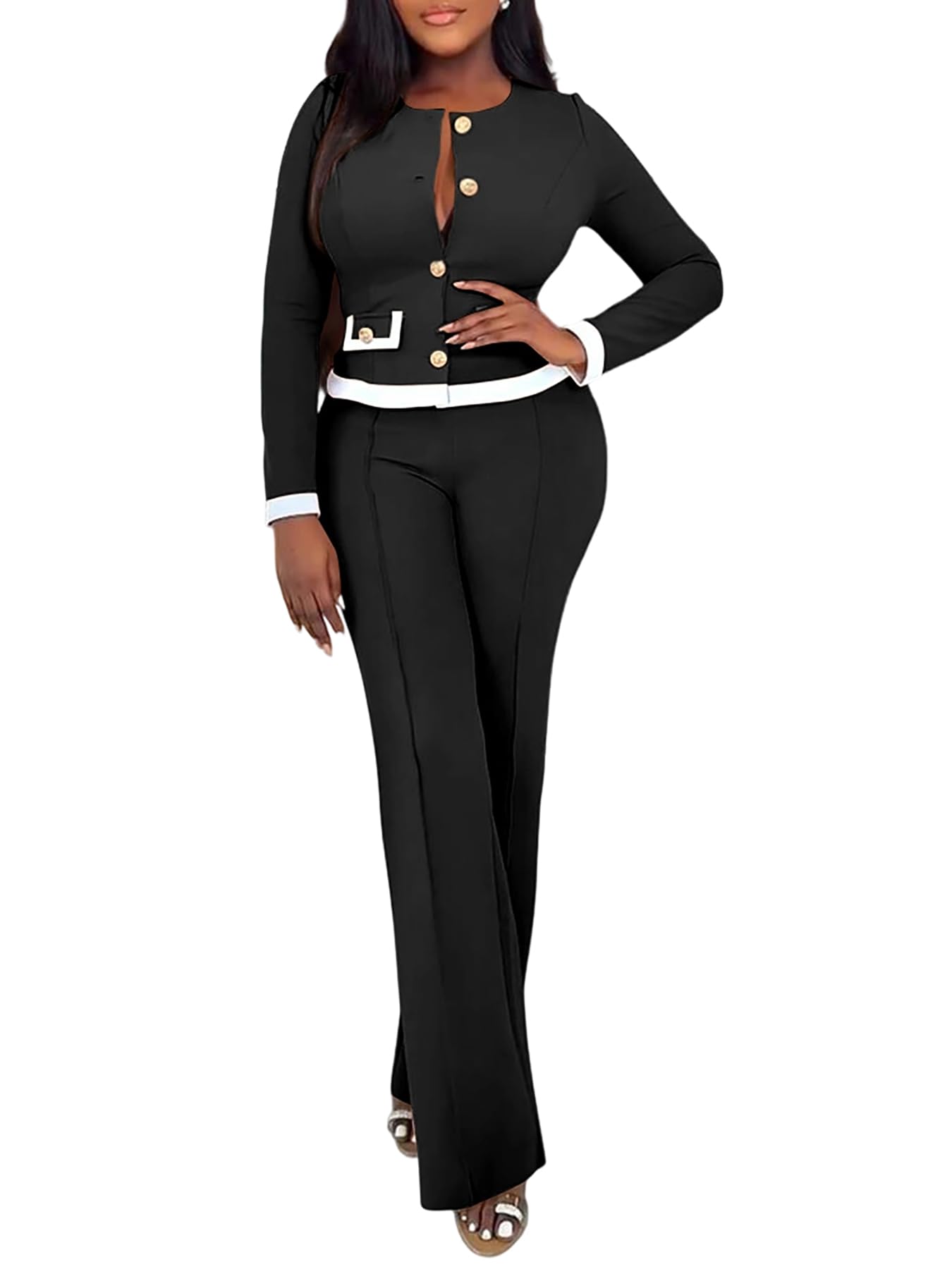 CHICME Womens 2 Piece Outfits Spring 2026 Casual Commuting Contrast Paneled Top and Elastic High Waist Pants