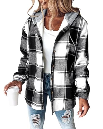CHICME Womens Lightweight Casual Jacket Plaid Long Sleeve Shacket Fleece Lined Hooded Jackets Warm Coat