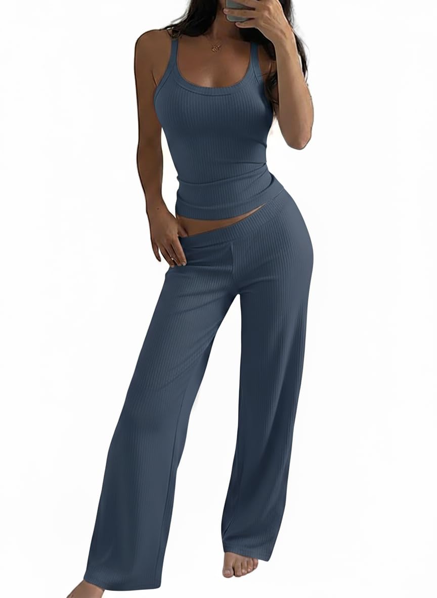 CHICME Women's 2 Piece Lounge Sets U Neck Ribbed Knit Tank Top Pj Loungewear Casual Wide Leg Pants Comfy Fall Matching Sets
