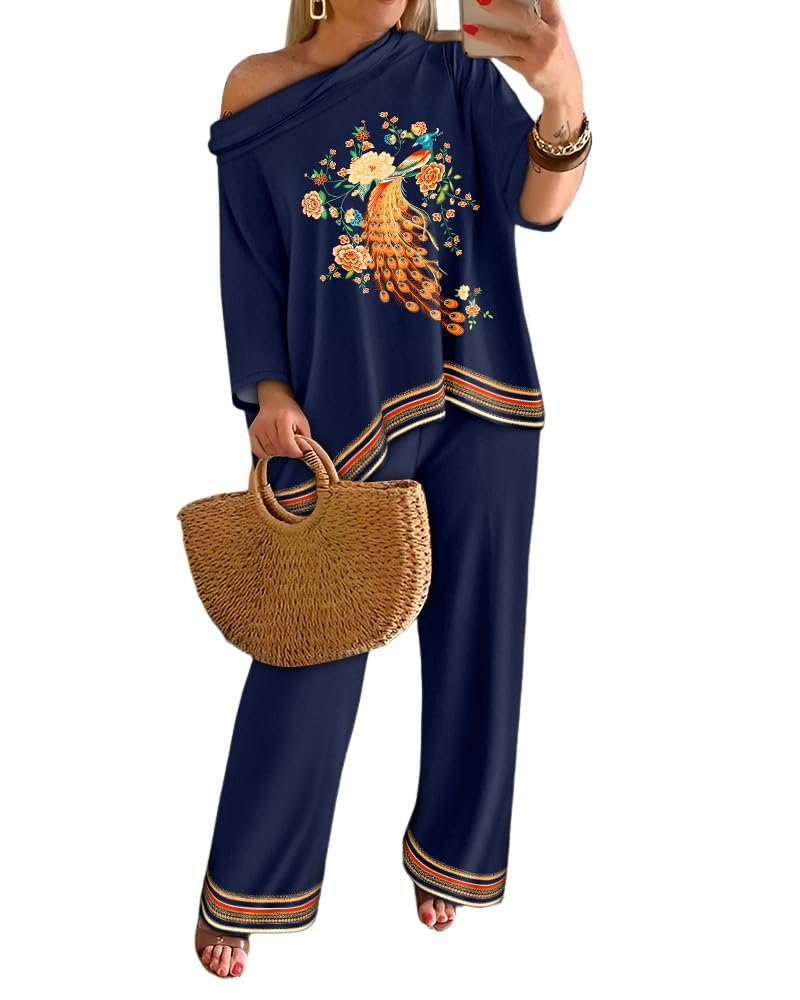 CHICME Womens 2 Piece Outfits Off The Shoulder Printed Batwing Long Sleeve Tops and Wide Leg Pants Matching Sets Purplish