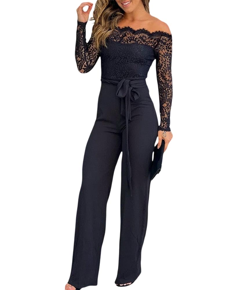 Women Off Shoulder Long Sleeve Black Jumpsuit Floral Embroidery Lace Overalls Casual Wide Leg Rompers with Belt