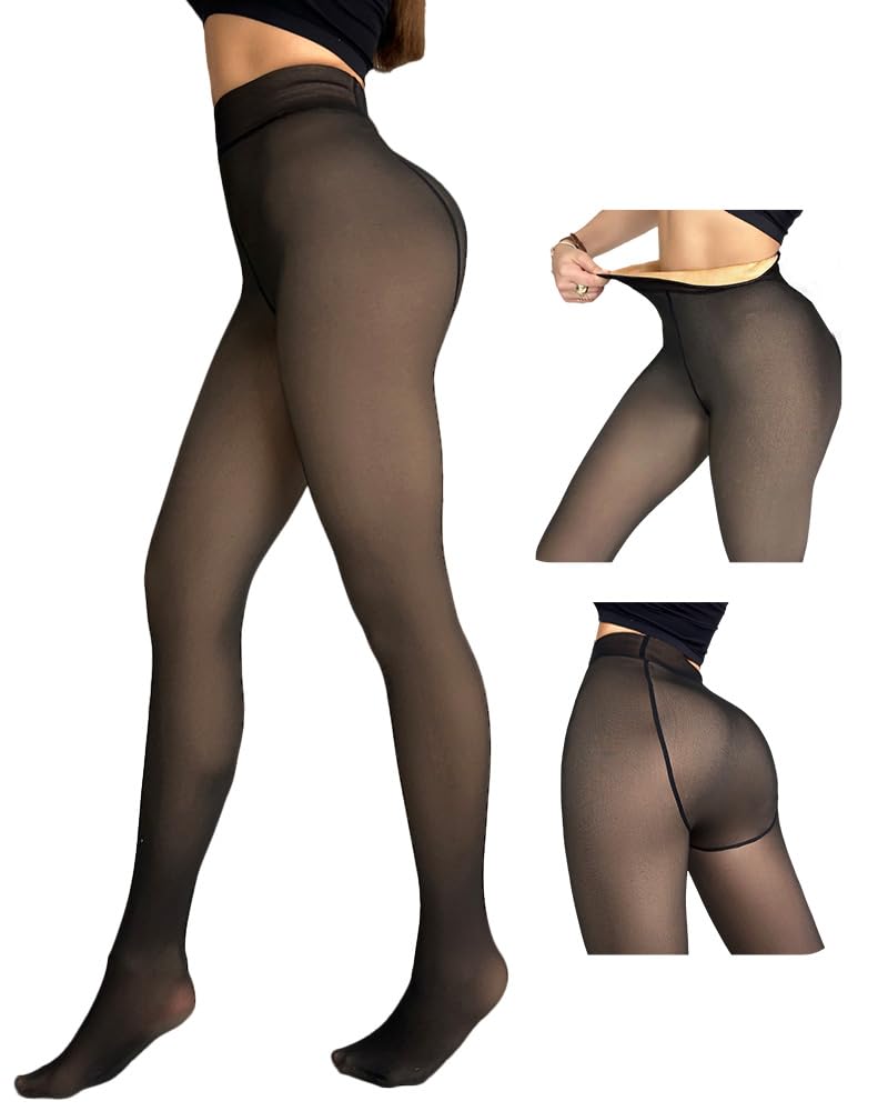 CHICME Womens Thick Fleece Lined Transparent Tights High Waist Elasticity Thermal Pantyhose Faux Sheer Warm Leggings