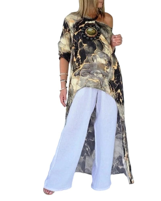 CHCME Womens Summer Tops Floral Print Off Shoulder High Low Tunics Dressy Casual Asymmetrical Blouse Cover ups-bk-L