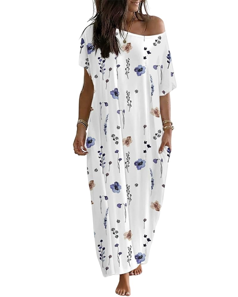 CHICME Watercolor Floral Print Skew Neck Short Sleeve Maxi Nightdress