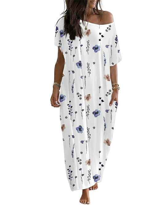 CHICME Watercolor Floral Print Skew Neck Short Sleeve Maxi Nightdress