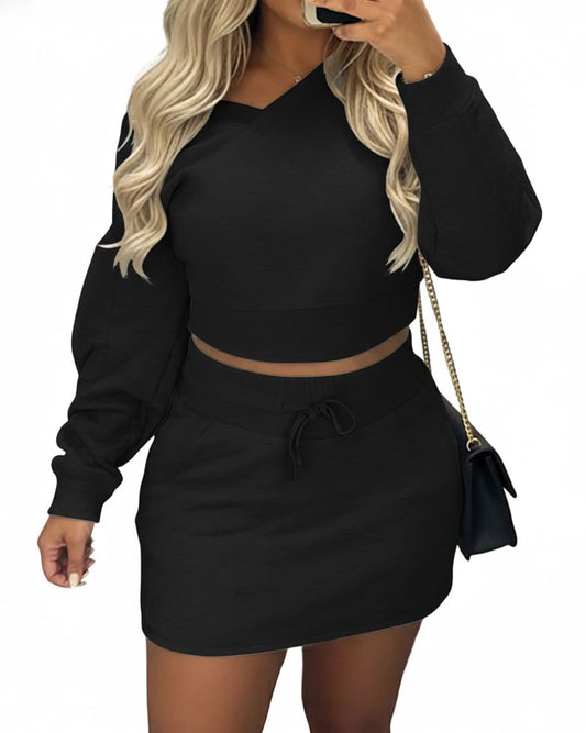 CHICME Womens 2 Piece Outfits 2026 Spring V-neck Sweatshirt Top and Drawstring Skirt Set