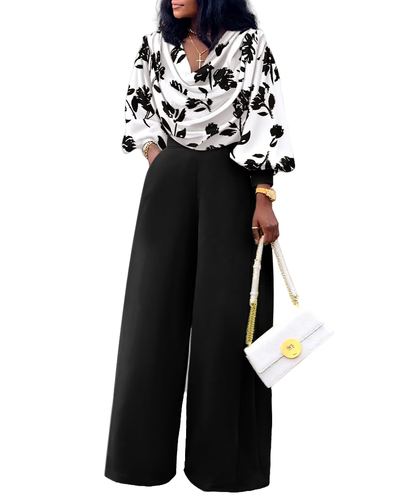 CHICME Women's 2 Pieces Outfit Print Cowl Neck Lantern Sleeve Crop Top and Casual Side Zipper Wide Leg Pants Set