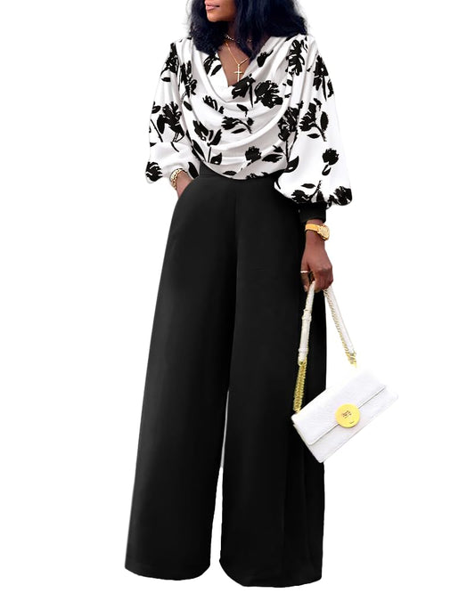 CHICME Women's 2 Pieces Outfit Print Cowl Neck Lantern Sleeve Crop Top and Casual Side Zipper Wide Leg Pants Set