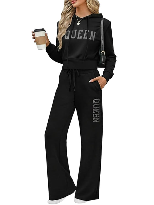 CHICME Womens 2 Piece Outfits Spring 2026 Cropped Hoodie and Wide Leg Sweatpants Casual Tracksuit
