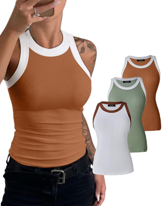 CHICME 3 Piece Women Ribbed Tank Top Sleeveless Color Block Tops Basic Shirt Fall Blouses