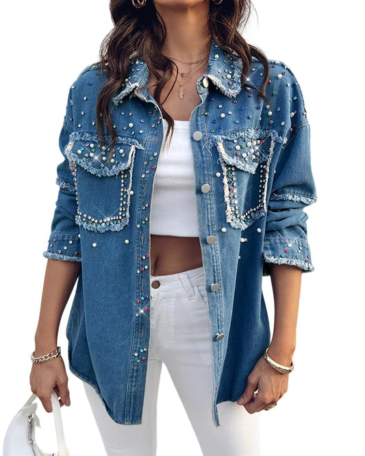 CHICME Womens Casual Denim Jacket Contrast Sequin Long Sleeve Rhinestone Denim Jackets