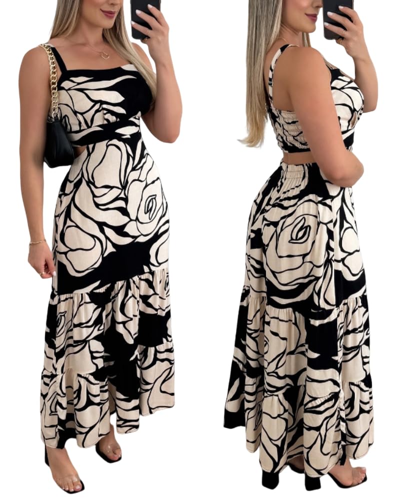 CHICME Summer Dresses for Women 2026 Sleeveless Casual Boho Maxi Dress Square Neck Hollow-Out Floral A Line Black Dress