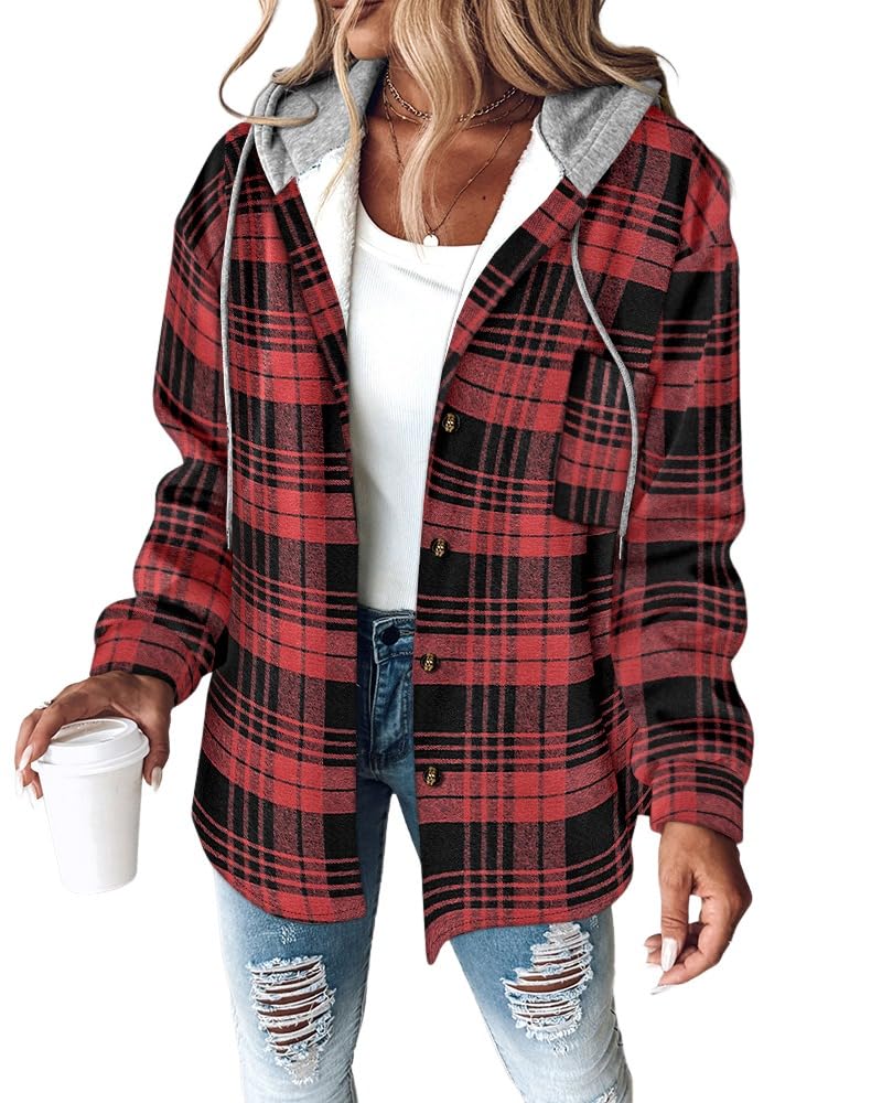 CHICME Womens Lightweight Casual Jacket Plaid Long Sleeve Shacket Fleece Lined Hooded Jackets Warm Coat