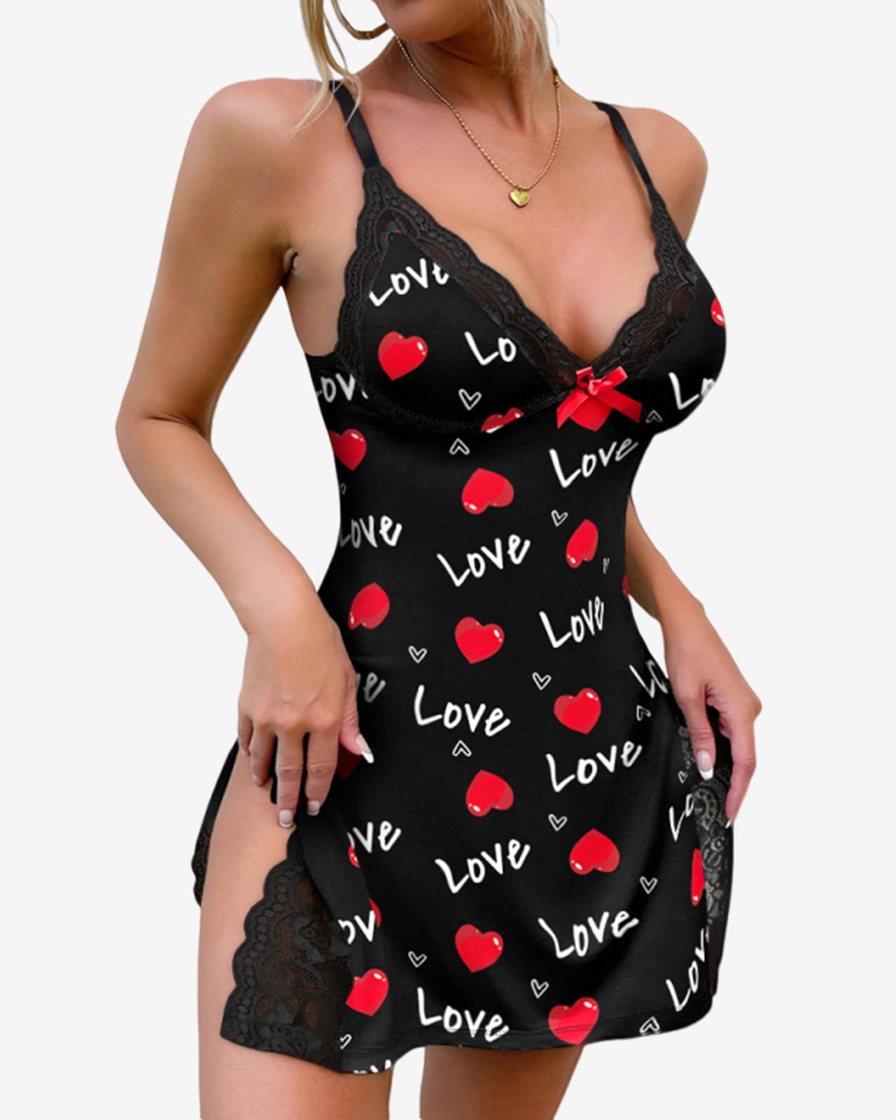 CHICME Letter Lip Heart Print Lace Trim Slit Sleep Dress Mini Dress