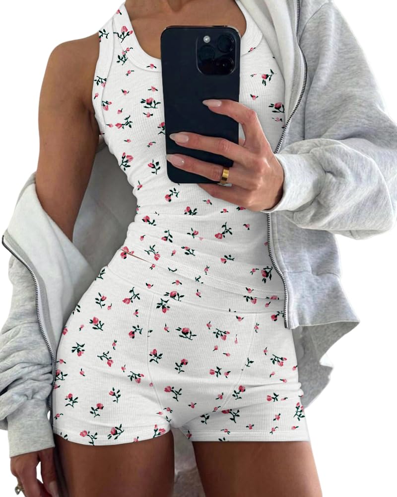 CHICME Womens Pajama Sets Ditsy Floral Print Casual Sleeveless Tank Top and Shorts Ribbed Knit 2 Piece Lounge Set Summer Sleepwear Cute PJ Set