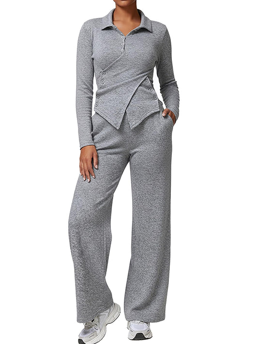 CHICME Women's Stylish 2 Piece Outfits Fashion Gray Long Sleeve Criss Cross Top and Comfy Wide Leg Pants Set with Pockets