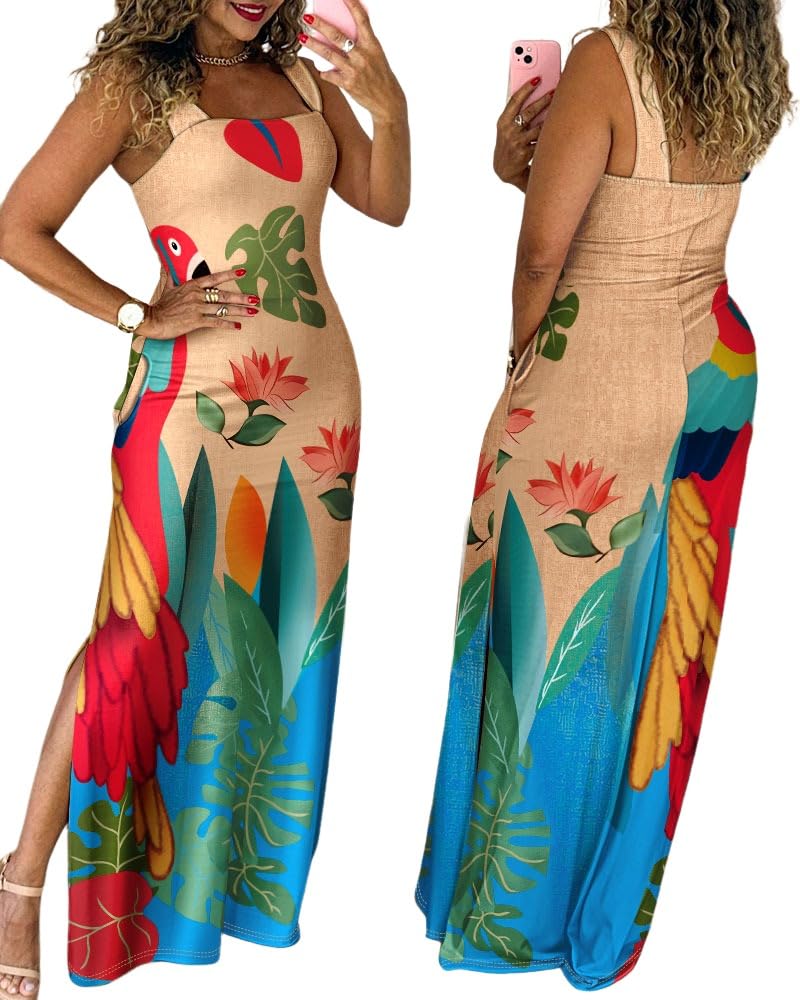 CHICME Women's Summer Maxi Dress Casual Thick Strap Square Neck Boho Sundress Split Travel Vacation Dresses with Pockets Tropical