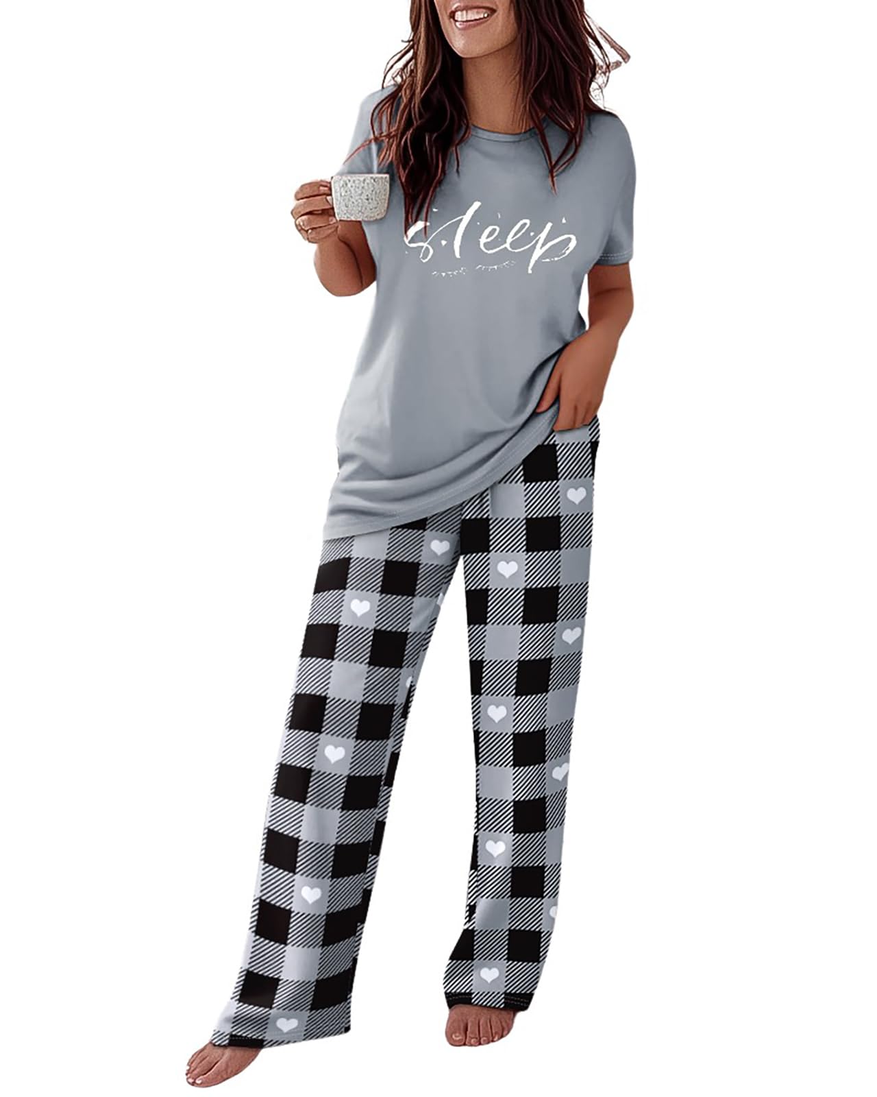 CHICME Womens Pajamas Sets 2 Piece Short Sleeve Lounge Set Printed Loose Pants Pj Sets Loungewear Set Plaid