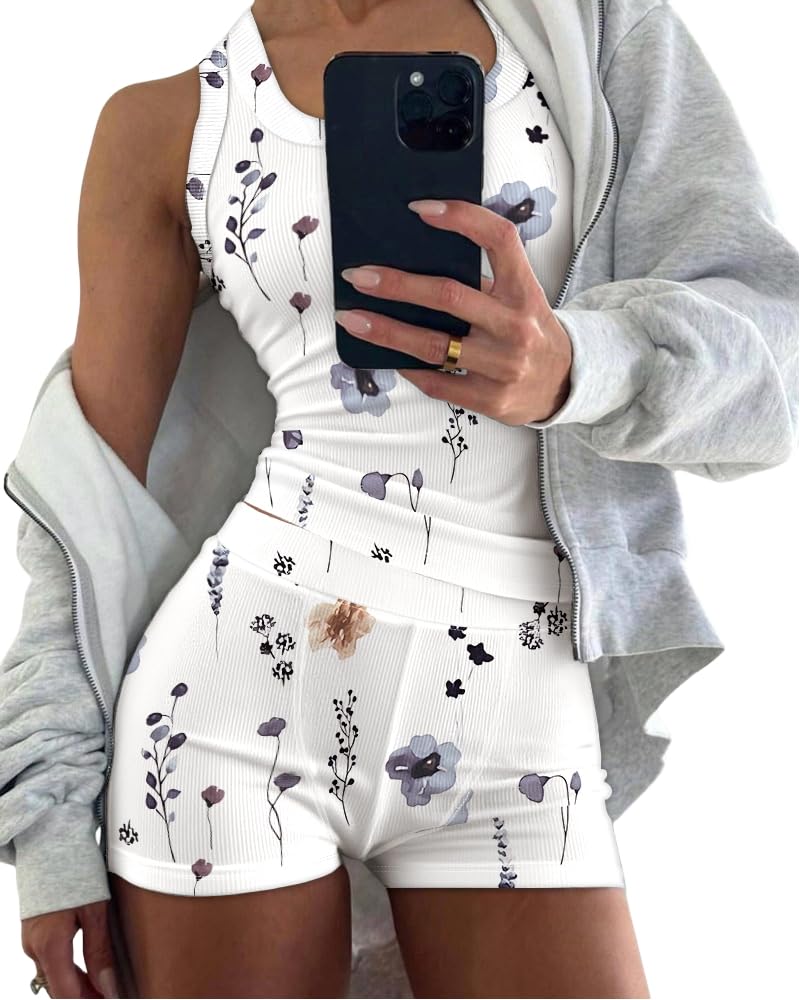 CHICME Womens Pajama Sets Floral Print Casual Sleeveless Tank Top and Shorts Ribbed Knit 2 Piece Lounge Set Summer Sleepwear Cute PJ Set