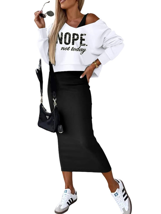 CHICME Womens 2 Piece Outfits Dress Set Spring 2026 V-Neck Crop Hoodie Sweatshirt Top and Sleeveless Dress Set