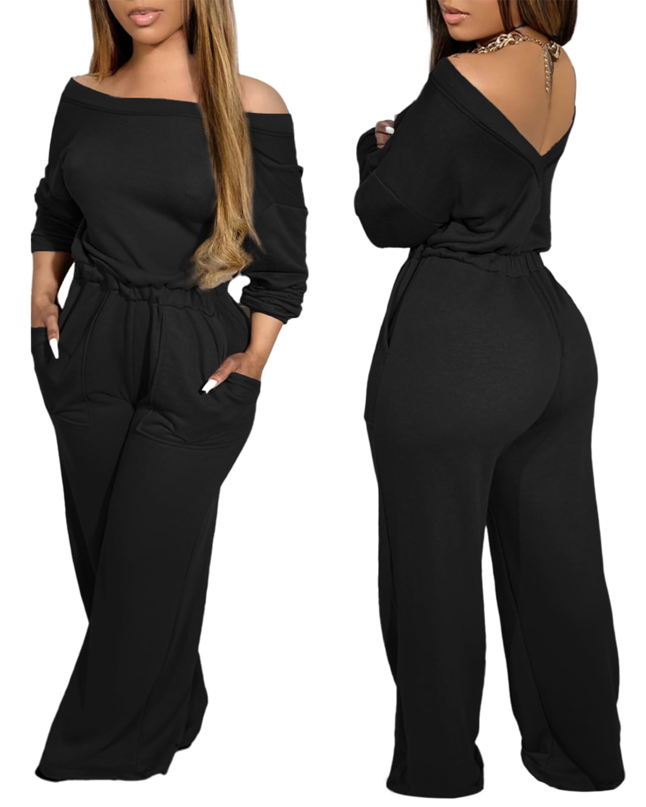CHICME Women's Off Shoulder Jumpsuit with Pockets Casual Jumpsuits Dressy Wide Leg Long Pants