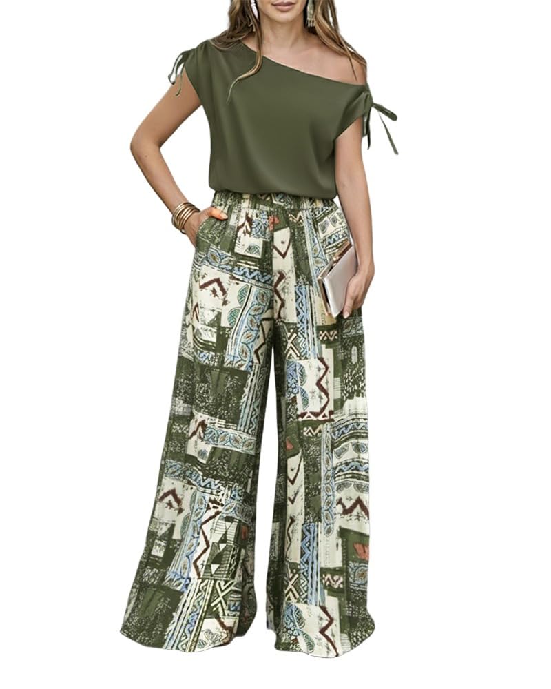 CHICME Women Summer 2 Piece Outfits Drawstring Cold Shoulder Top Floral Print Wide Leg Pants Sets Travel Vacation Matching Set