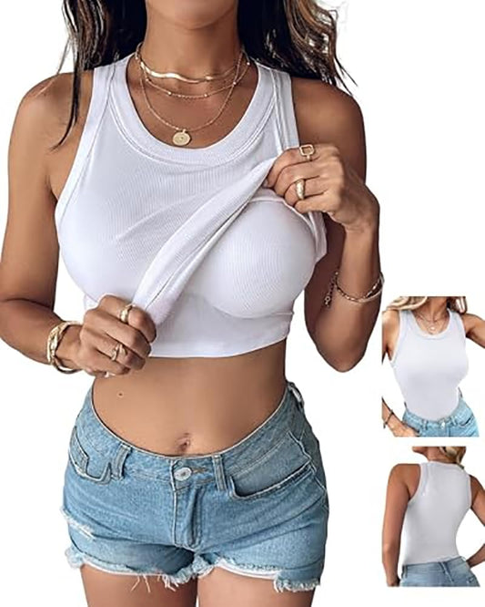 CHICME Women Built-in Bra Tank Tops Sleeveless Casual Shirts Racerback Ribbed Tank Tops