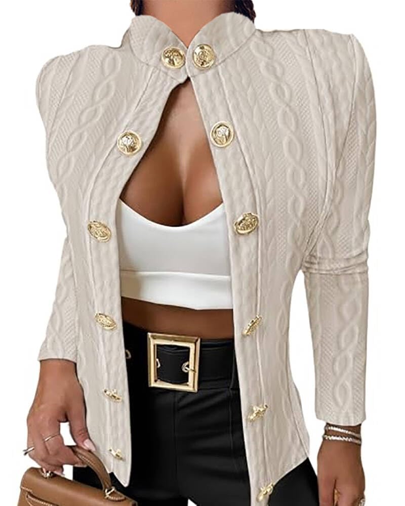 Women Argyle Cable Cardigan Jacquard Casual Lightweight Cropped Coat Stand Collar Long Sleeve Metal Button Front Jackets