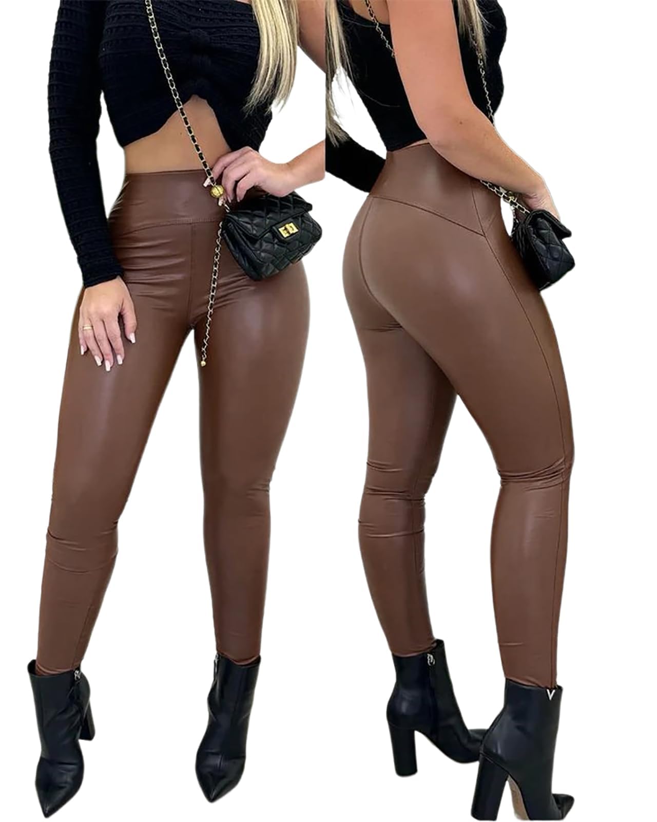 CHICME Womens Stretch Faux Leather Pants High Waist Curved Fleece Lined Tights Pants PU Leather Leggings