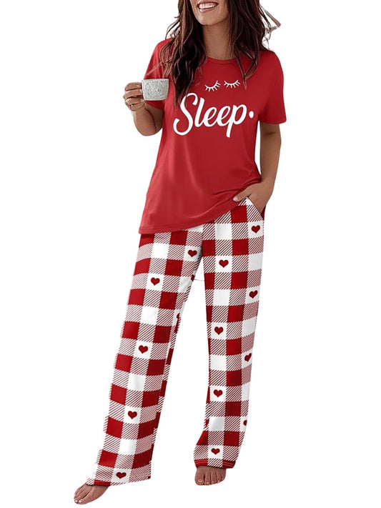 CHICME Womens Pajamas Sets 2 Piece Short Sleeve Lounge Set Printed Loose Pants Pj Sets Loungewear Set-r-M