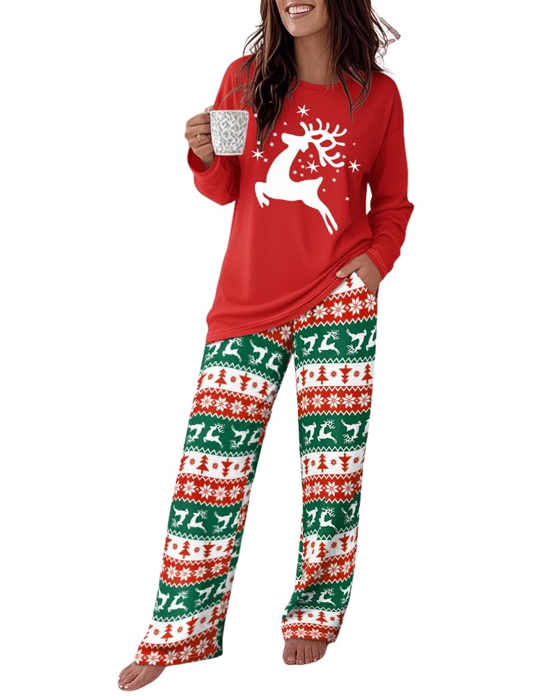 CHICME Womens Pajamas Sets 2 Piece Long Sleeve Lounge Set Floral Butterfly Print Loose Pants Pj Sets Loungewear with Pockets Santa Reindeer