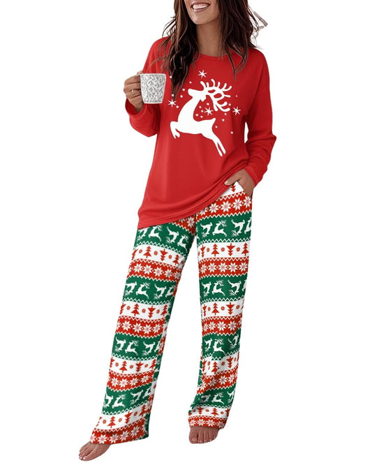CHICME Womens Pajamas Sets 2 Piece Long Sleeve Lounge Set Floral Butterfly Print Loose Pants Pj Sets Loungewear with Pockets Santa Reindeer