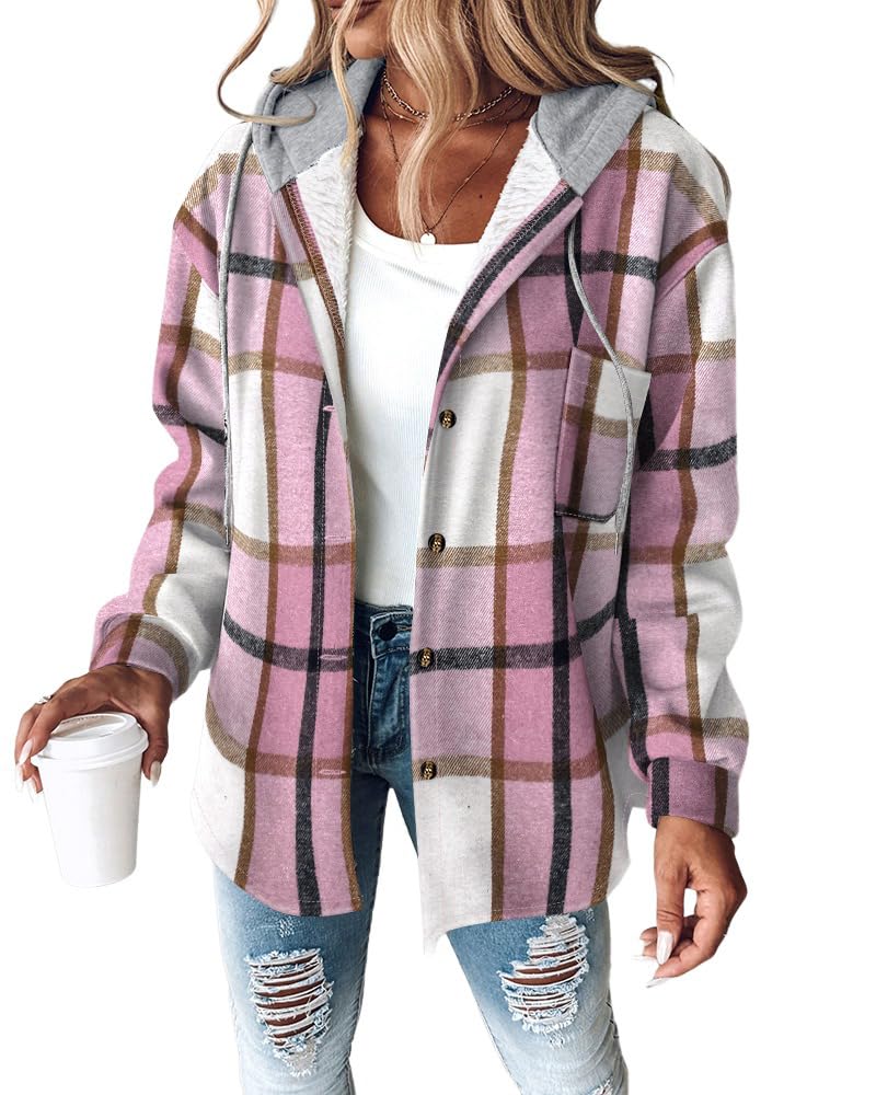 CHICME Womens Lightweight Casual Jacket Plaid Long Sleeve Shacket Fleece Lined Hooded Jackets Warm Coat