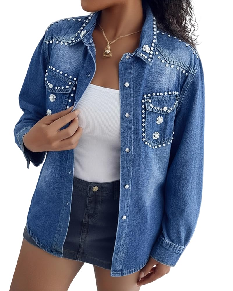 Women's Vintage Pearl Embellished Denim Shirt Jacket Long Sleeve Button Down Washed Denim Coat with Floral Accents and Flap Pockets