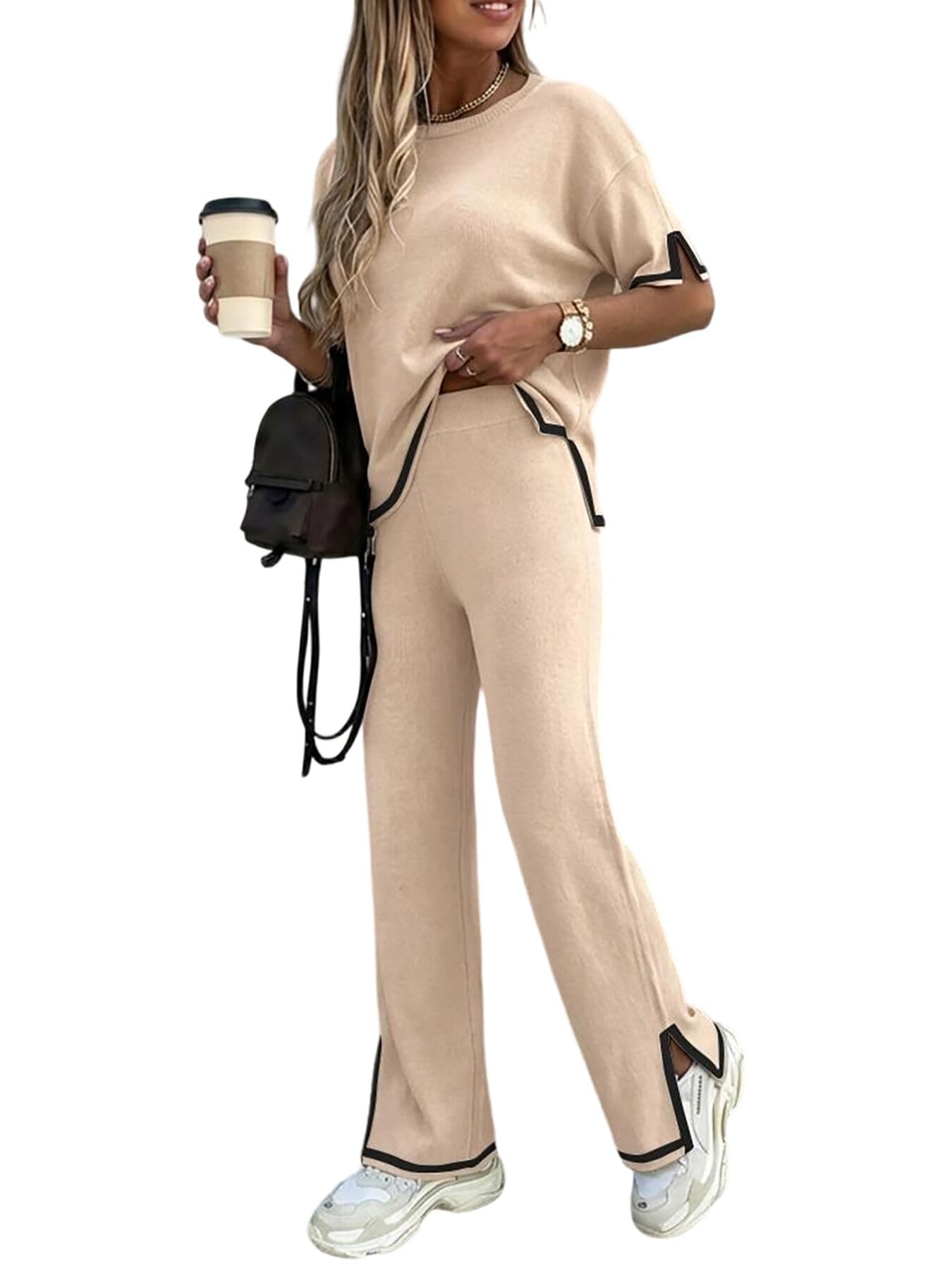 CHICME Women's 2 Piece Outfits Short Sleeve Knit Pullover Sweater Top Straight Leg Pants Loungewear Set Travel Outfits