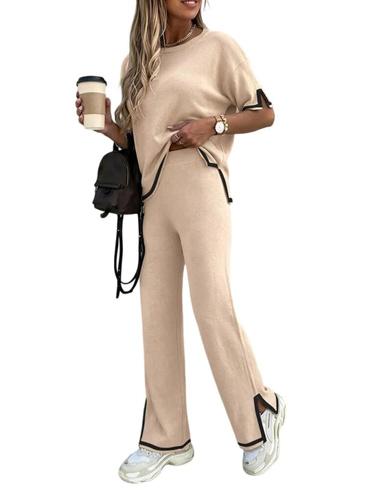 CHICME Women's 2 Piece Outfits Short Sleeve Knit Pullover Sweater Top Straight Leg Pants Loungewear Set Travel Outfits