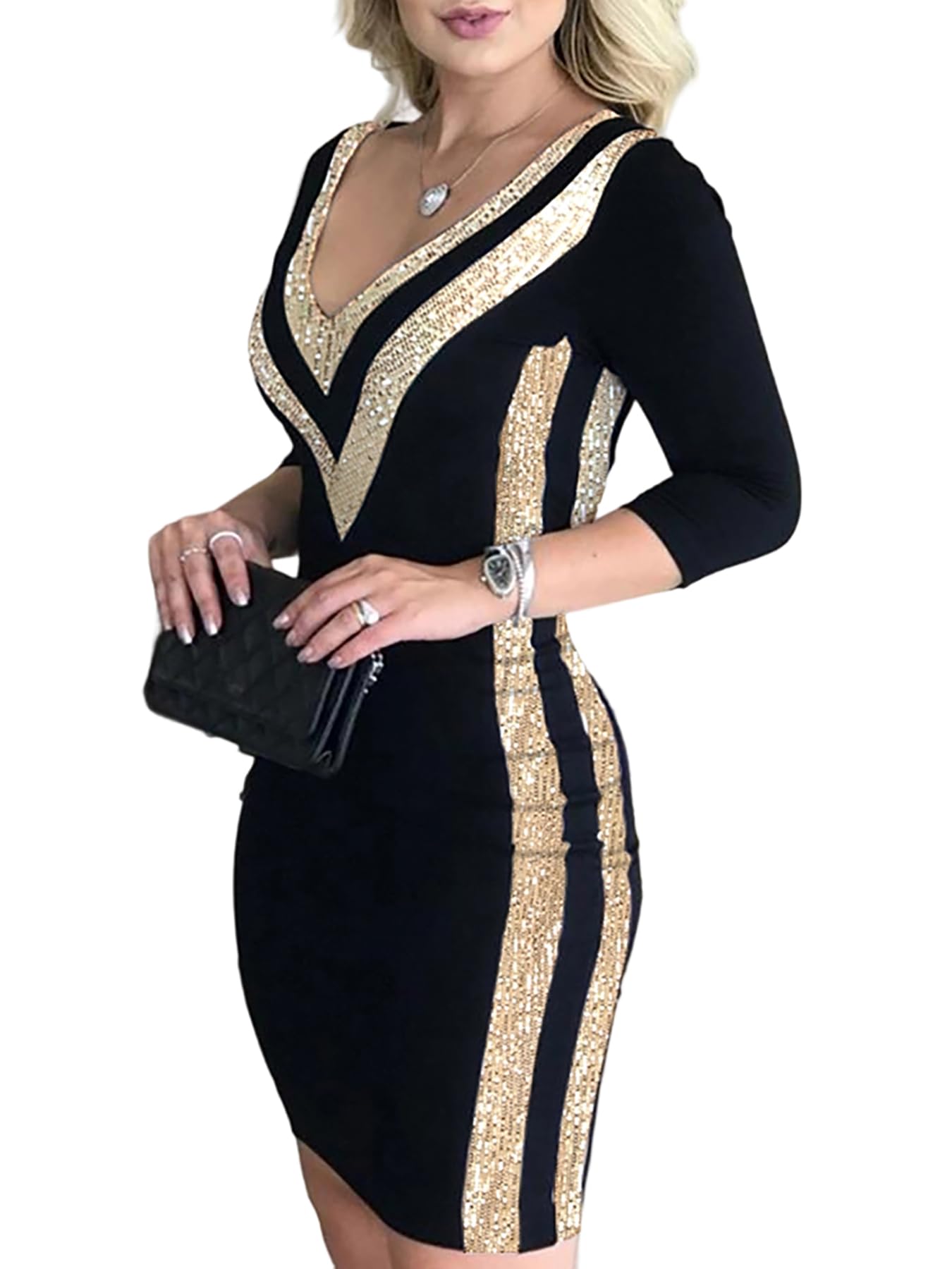 CHICME Women¡¯s Contrast Sequin Cocktail Dress V Neck 3/4 Sleeve Evening Wedding Guest Bodycon Midi Dress