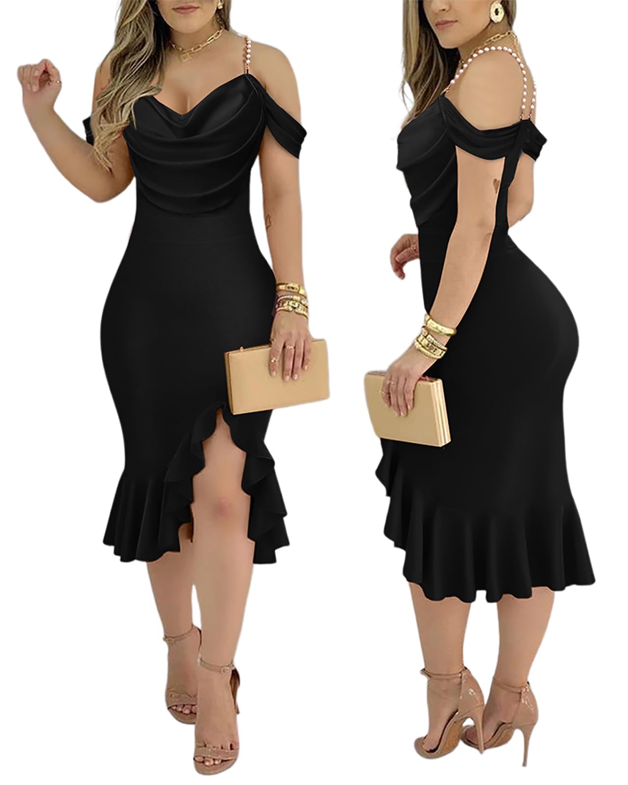CHICME Women's Black Midi Cocktail Dress Off The Shoulder Pearls Strap Dinner Cocktail Black Party Dresses